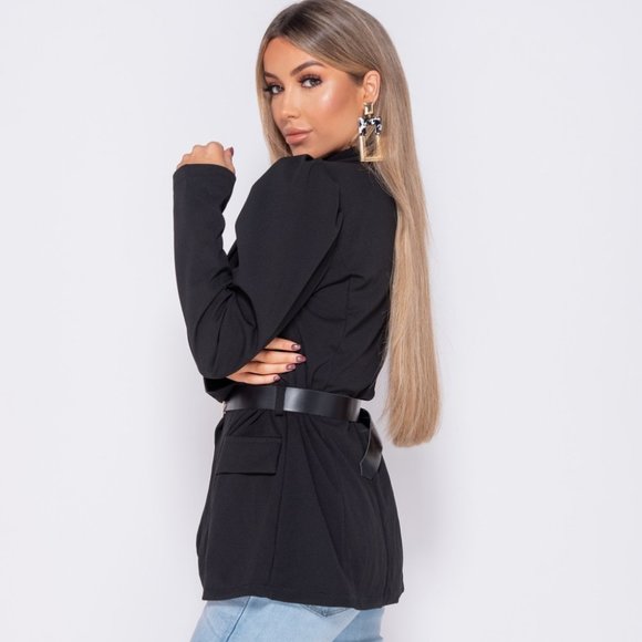 LAST 1 Black Long Puff Sleeve Belted Blazer Jacket - Picture 5 of 8